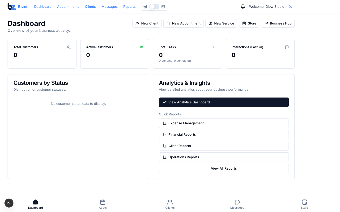 Bizee owner dashboard on desktop