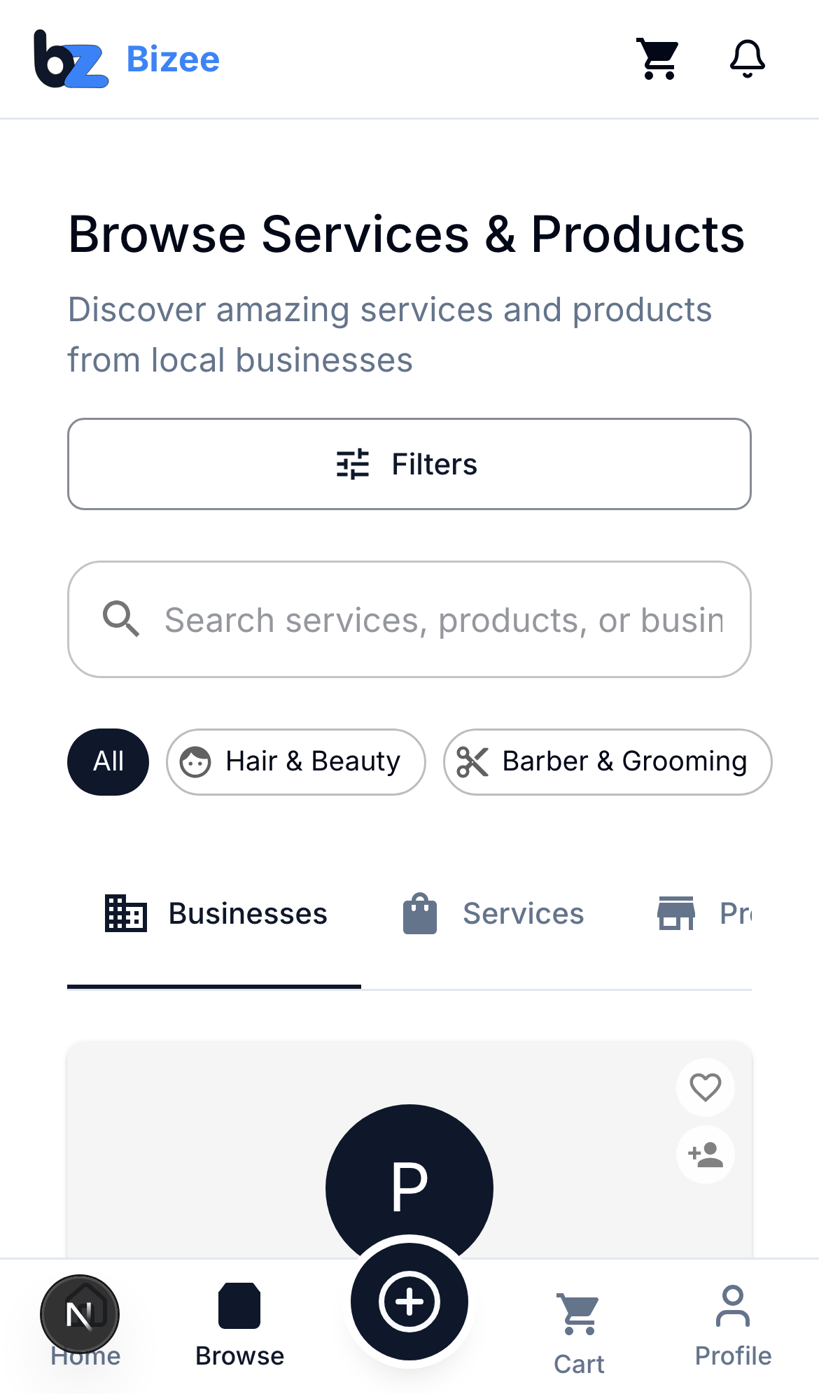 Bizee mobile browse and book flow
