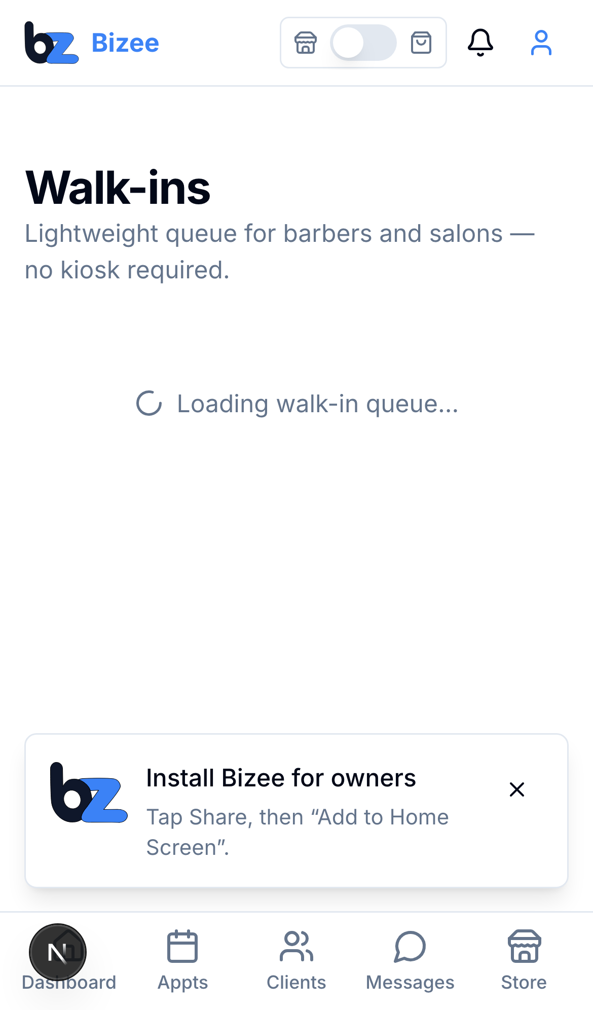 Bizee walk-in waitlist on mobile