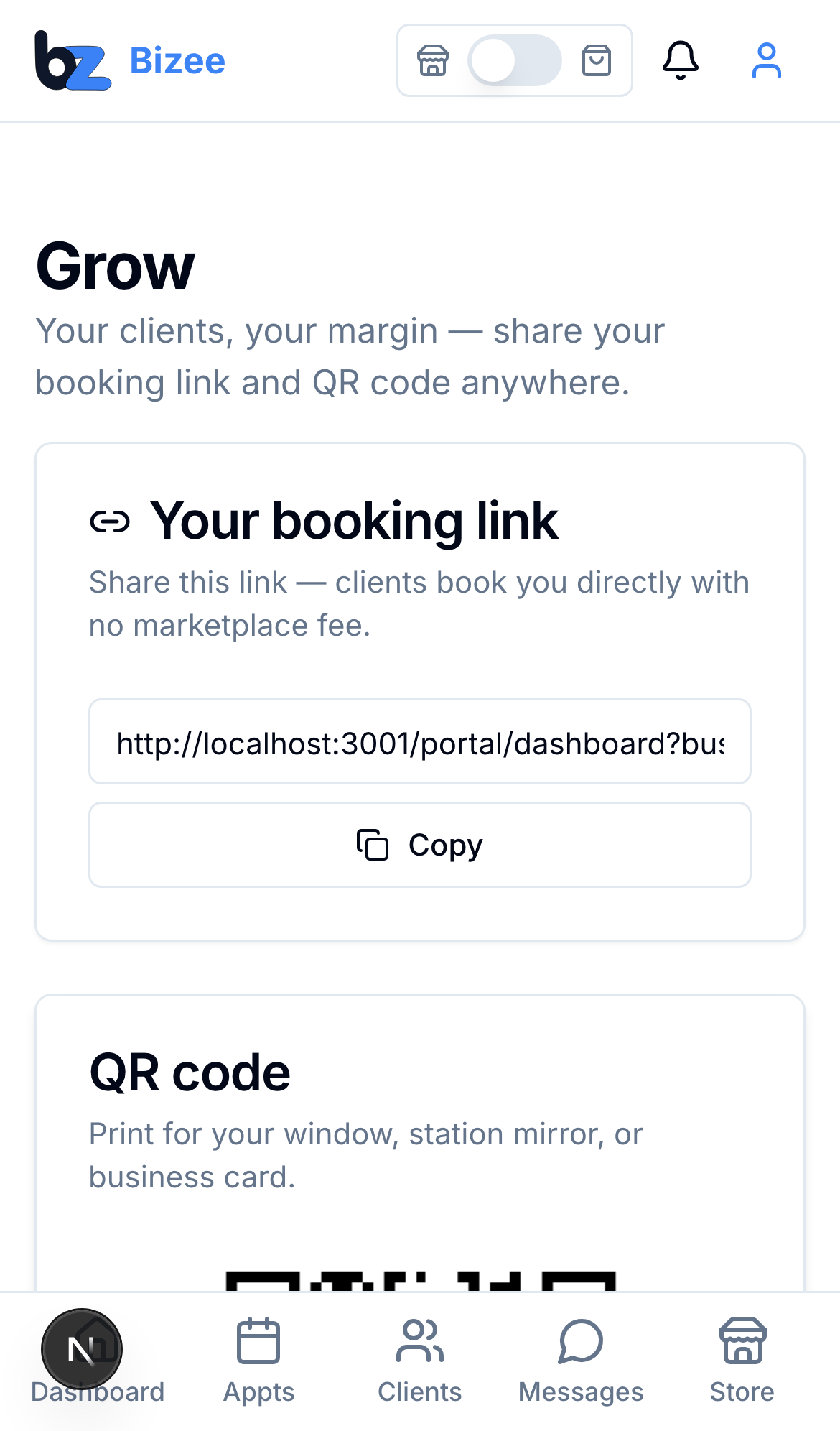 Bizee share-link growth kit on mobile