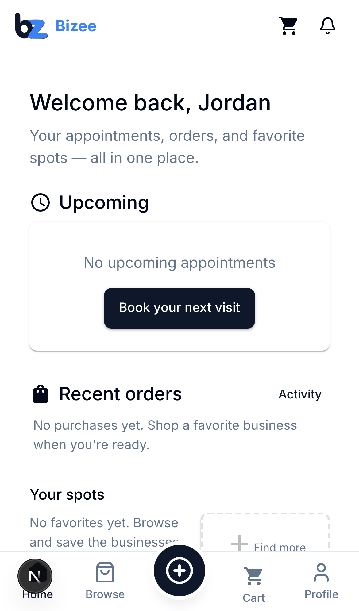 Bizee client home screen on mobile with bottom navigation